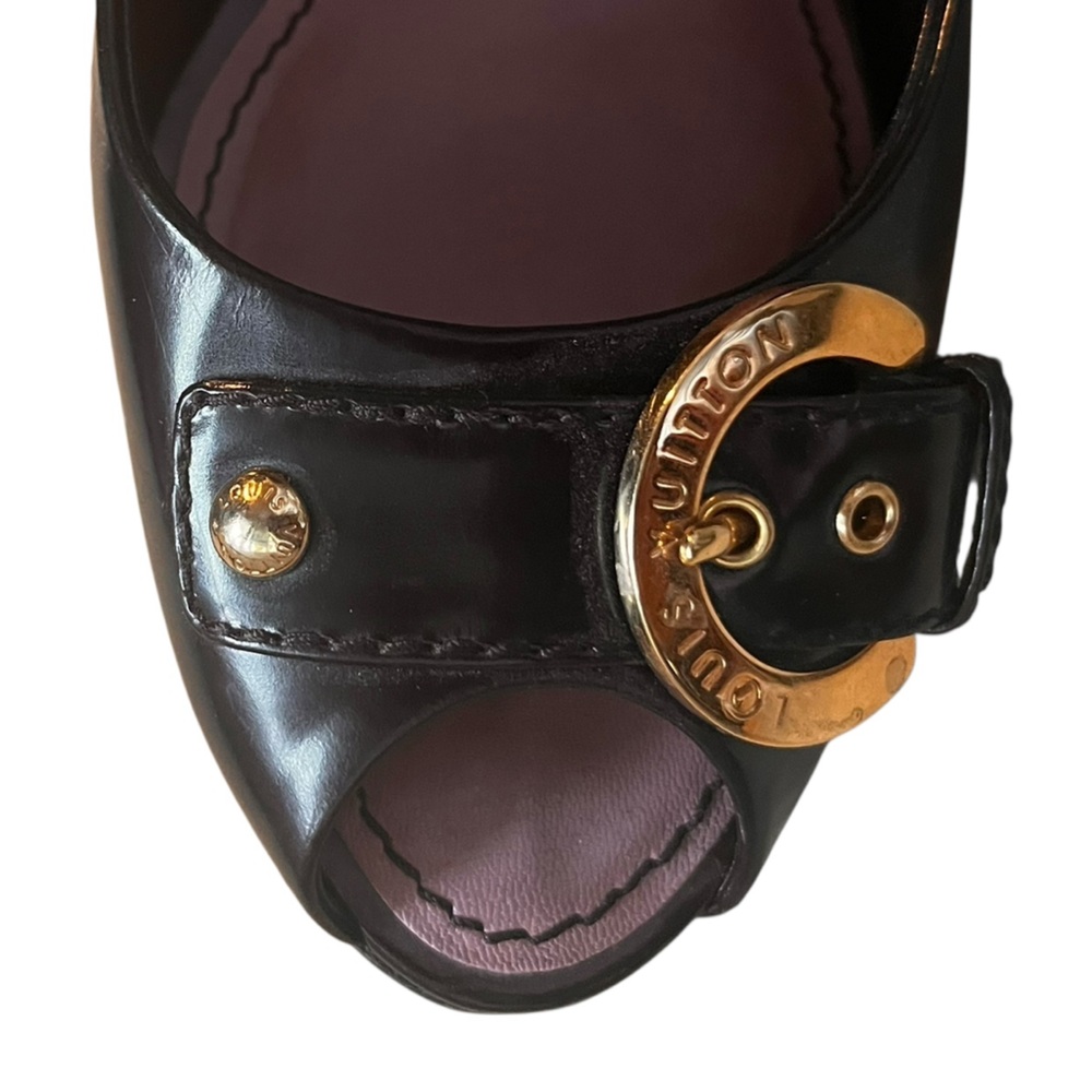 Louis Vuitton Black Peep-Toe Heels with Gold Accents - Picture 13 of 13